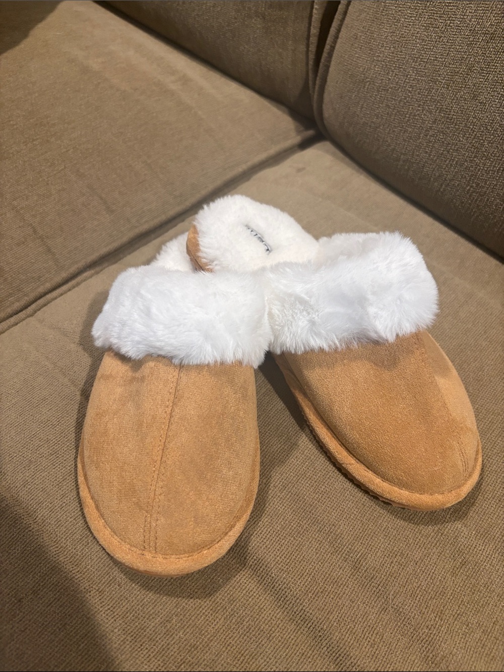 Born Tan Suede-Style Mule Slippers with White Faux-Fur Cuff